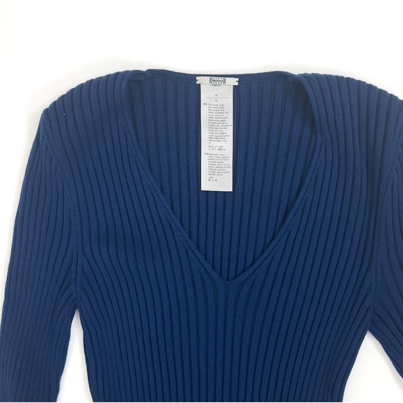 Wolford Blue Virgin Wool-Cotton Ribbed V-Neck Dress • Elegant Bodycon Knit -‎ M - Picture 4 of 6